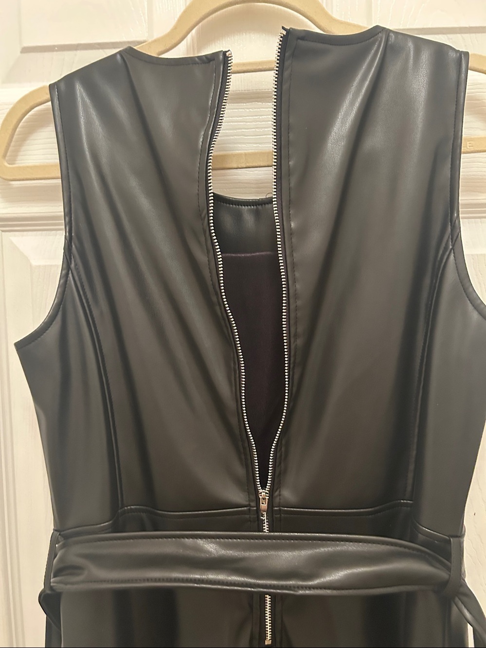 Black Faux Leather Sleeveless Midi Dress with Waist Tie - Picture 8 of 8